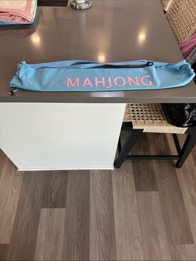 Mahjong Drawstring Game Bag in Light Blue with Pink Lettering